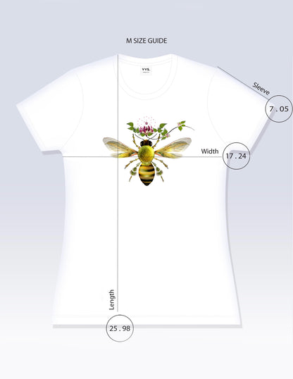 Graphic Tee, Honey Bee Tee Shirt , Honey Bee T-Shirt, Golden Honey Bee Tee Shirt, Golden Honey Bee T-Shirt, Slim Fit Tee, Fitted Tee, Short Sleeve Shirt, Women’s Shirt, Cotton T-Shirt, Cotton Tee Shirt, 100% cotton, Ringspun, Breathable Tee, Floral Graphic Tee, Flower Graphic Tee, Vintage Visionary Studio, VVS