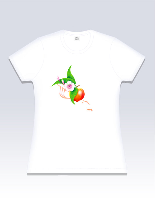 Graphic Tee, Sunset Peachy Graphic Tee Shirt, Tee Shirt , Peach T-Shirt, White Graphic Tee, White Graphic T-Shirt, Slim Fit Tee, Fitted Tee, Short Sleeve Shirt, Women’s Shirt, Cotton T-Shirt, Cotton Tee Shirt, 100% cotton, Ringspun, Breathable Tee, Vintage Visionary Studio, VVS